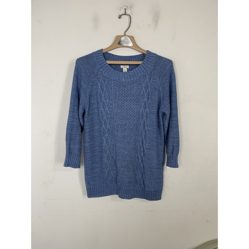 LL Bean Womens Sweater Medium Blue Cable Knit Crew Neck Classic‎ Timeless Office